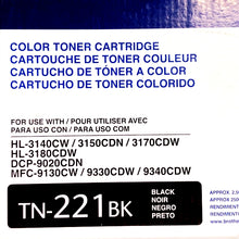 Load image into Gallery viewer, Brother TN221BK Toner Cartridge - Black (For Brother HL-3140CW, HL-3150CDN, HL-3170CDW, HL-3180CDW, DCP-9020CDN, MFC-9130CW, MFC-9330CDW, MFC-9340CDW)
