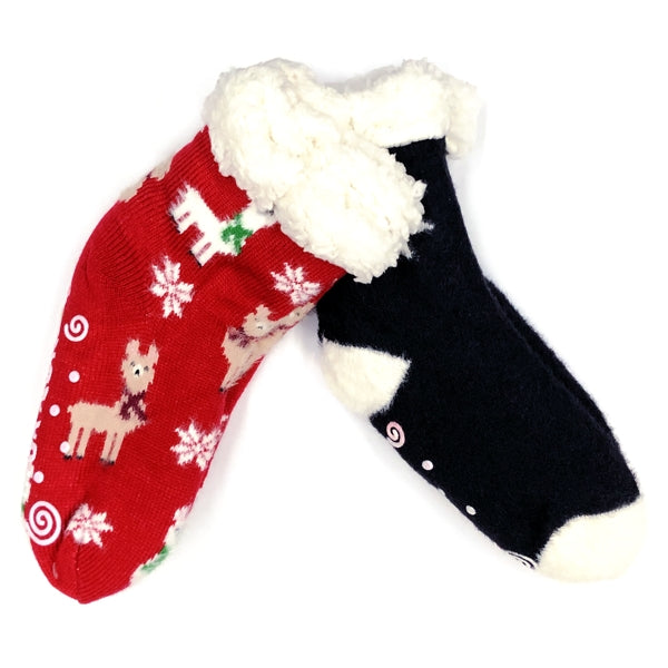 Muk Luks Women's Cozy Cabin Slipper Socks with Non-Skid Bottoms - Holiday Snowflakes (2 Pair Pack, Red & Black) Size Small-Medium