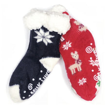 Load image into Gallery viewer, Muk Luks Women&#39;s Cozy Cabin Slipper Socks with Non-Skid Bottoms - Holiday Snowflakes (2 Pair Pack, Red &amp; Black) Size Small-Medium
