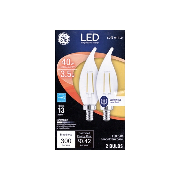 GE 3.5W Dimmable Bent Tip Candelabra LED Light Bulbs - Soft White (2 Pack) 40W replacement using only 3.5 Watts