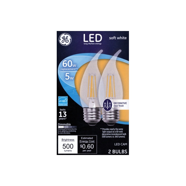 GE 5W Decorative Bent Tip Dimmable LED Light Bulbs - Soft White (2 Pack) 60W Replacement using only 5W