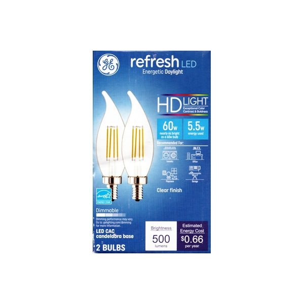 GE Refresh HD 5.5W Dimmable Bent Tip Candelabra LED Light Bulbs - Clear (2 Pack) 60W replacement using only 5.5 Watts
