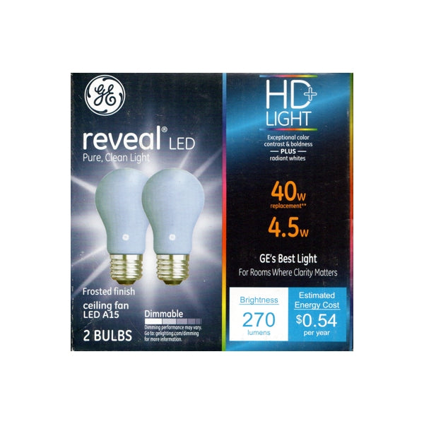 GE Reveal HD 4.5W Dimmable A15 LED Light Bulbs (2 Pack) 40W replacement using only 4.5 Watts