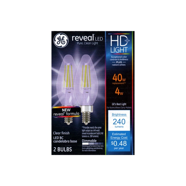 GE Reveal HD 4W Dimmable Candelabra LED Light Bulbs - Clear (2 Pack) 40W replacement using only 4 Watts