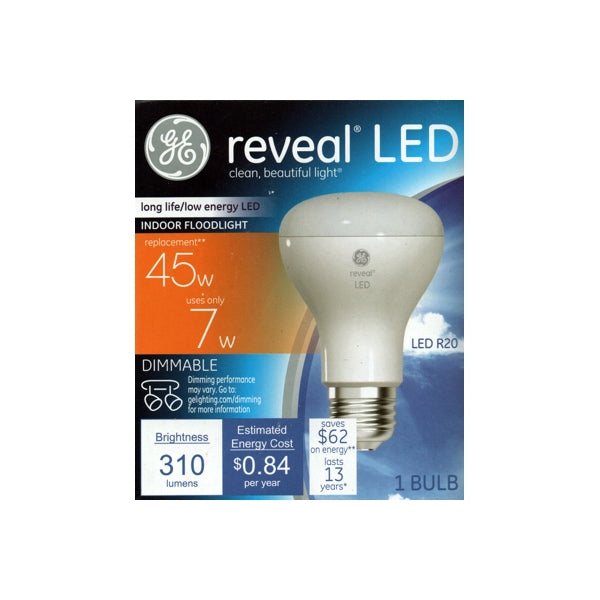 GE Reveal 7W Dimmable R20 Indoor LED Flood Light Bulb (1 Count) 45W replacement using only 7 Watts