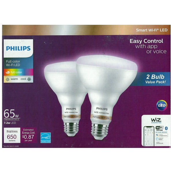 Philips 7.2W Smart WIFI LED BR30 Light Bulbs - Full Color (WiZ Lighting App Compatible) 65W replacement using only 7.2 Watts