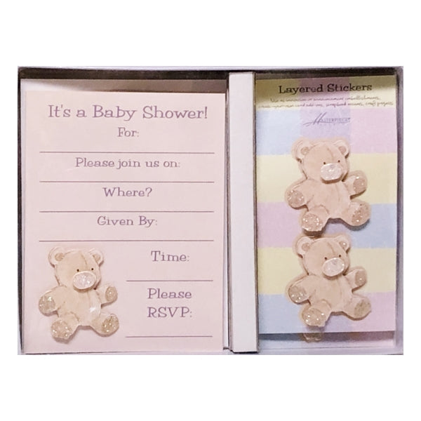 Masterpiece Baby Shower Party Invitations with Envelopes and 3D Layered Glitter Stickers - Baby Bear (10 Invite Cards, 10 Envelopes, 10 Glitter Stickers)