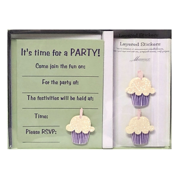 Masterpiece Party Invitations with Envelopes and 3D Layered Glitter Stickers - Cupcake (10 Invite Cards, 10 Envelopes, 10 Cupcake Stickers)
