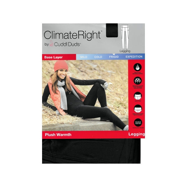 ClimateRight by Cuddl Duds Plush Warmth Leggings with Wide Waistband & Pocket - Black (XS) Comfort Flatlock Seams, Tagless Label
