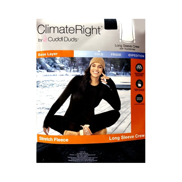 ClimateRight by Cuddl Duds Stretch Fleece Long Sleeve Crew Top with Thumbholes - Black (S) Comfort Flatlock Seams, Tagless Label
