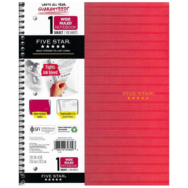 Five Star 1 Subject Wide Ruled Plastic Cover Spiral Notebook - Red (100 Sheets)