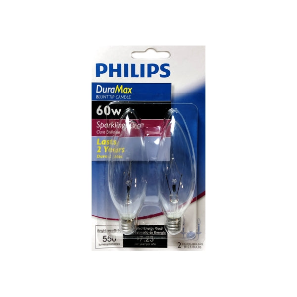 Philips 60W DuraMax Blunt Tip Candelabra Light Bulbs - Sparkling Clear (2 Pack) B10.5 Bulbs Candelabra Base