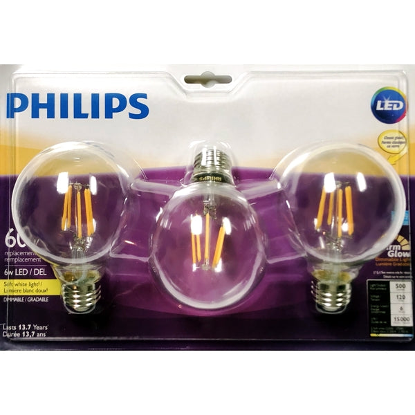 Philips 6 Watt Dimmable Decorative Globe G25 LED Filament Light Bulbs - Clear (3 Pack) Soft White to Warm Glow
