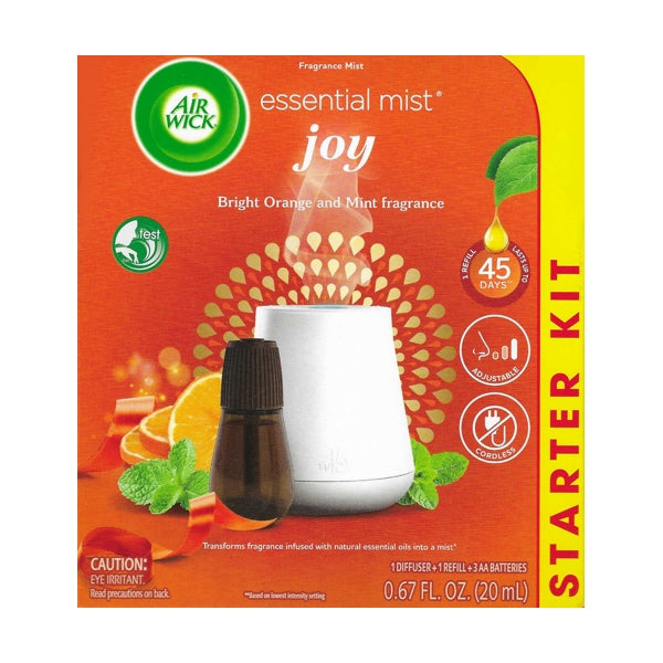 Air Wick Essential Mist Air Freshener Starter Kit - Joy (1 Diffuser + 1 Refill + 3 AA Batteries) Bright Orange & Mint Fragrance