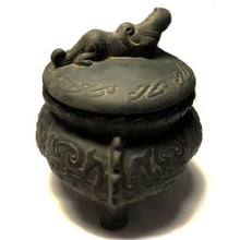 Load image into Gallery viewer, Charcoal Gray Terracotta Carved Trinket Box Vase with Lid - Decorative 3-Leg Base (4.5&quot;)
