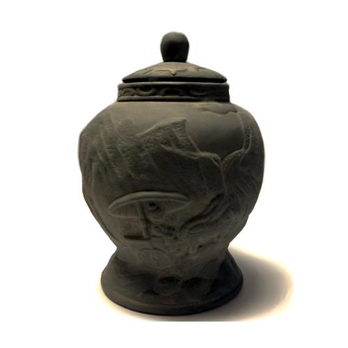 Charcoal Gray Terracotta Carved Table Vase with Lid - Chinese Mountain Scene (5