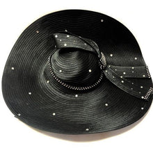 Load image into Gallery viewer, June&#39;s Young Black Wide Brim Fashion Hat with Bow &amp; Rhinestones (22&quot; Dia.) Elegant Hat
