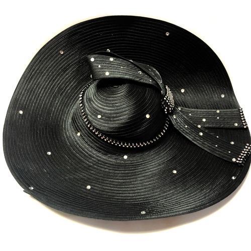 June's Young Black Wide Brim Fashion Hat with Bow & Rhinestones (22
