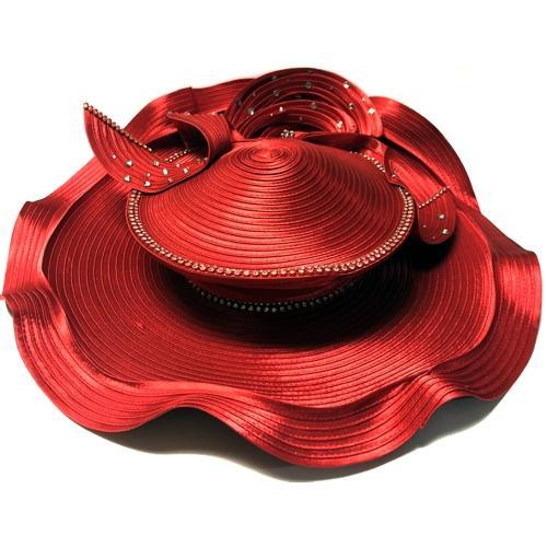 Red Wavy Wide Brim Fashion Hat with Bow & Rhinestones (22