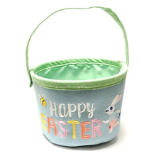 Load image into Gallery viewer, Spritz Happy Easter Canvas Fabric Basket with Handle - Blue/Green (10&quot; Round) Flexible, Reinforced Rim
