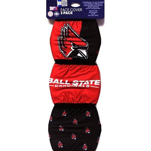 Ball State Cardinals Cloth Face Masks with Ear Loops and Filter Pocket (3 Pack) Adult