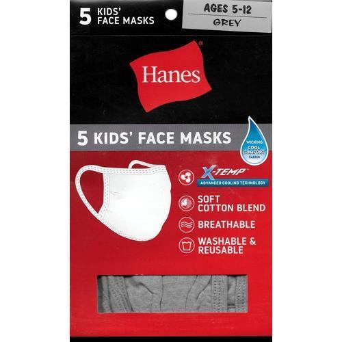 Hanes Kids Soft Cotton Blend Fabric Face Masks with Ear Loops (5 Pack) Select Color