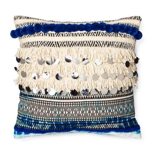 Natural Fringe and Silver Sequins Decorative Blue Throw Pillow (16