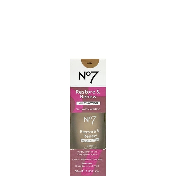 No7 Restore & Renew Multi-Action Serum Foundation with SPF 20 - Latte (Net 1 fl. oz.) For All Skin Types