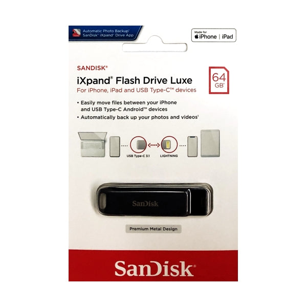 SanDisk iXpand Flash Drive Luxe - 64 GB (For iPhone, iPad and USB Type-C Android Devices)