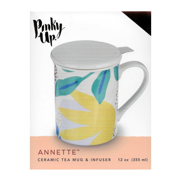 Pinky Up Ceramic Mug with Lid and Stainless Steel Tea Infuser - Annette (12 fl. oz.)