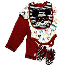 Load image into Gallery viewer, Mickey Mouse Baby Outfit Set - Pompei Red (4-Piece Set) Bib, Bodysuit, Pants, Booties
