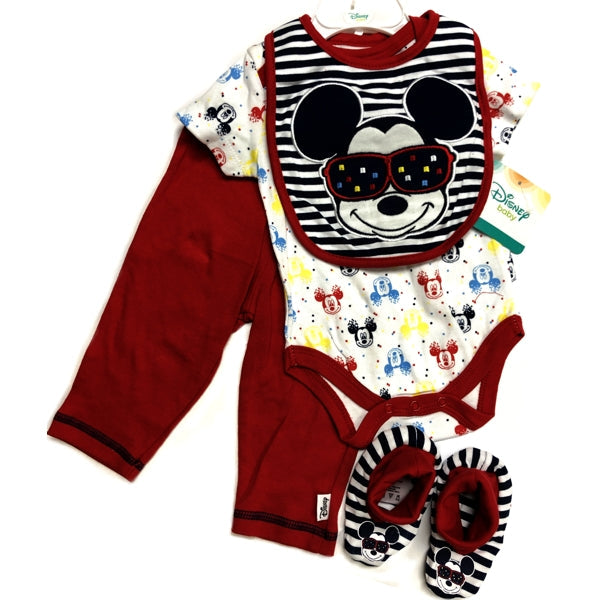 Mickey Mouse Baby Outfit Set - Pompei Red (4-Piece Set) Bib, Bodysuit, Pants, Booties