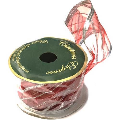 Country Silk Christmas Elegance Sheer Red & Silver Glitter Wired Ribbon (2